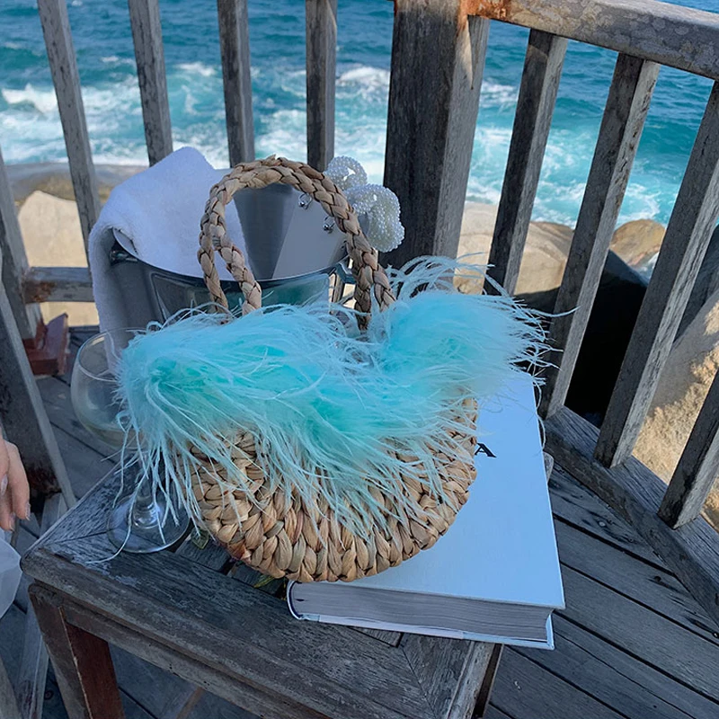 

Fashion Ostrich Fur Straw Bag Women Handbags Designer Rattan Bags Luxury Summer Beach Wicker Woven Hand Bags Bali Tote 2022 New