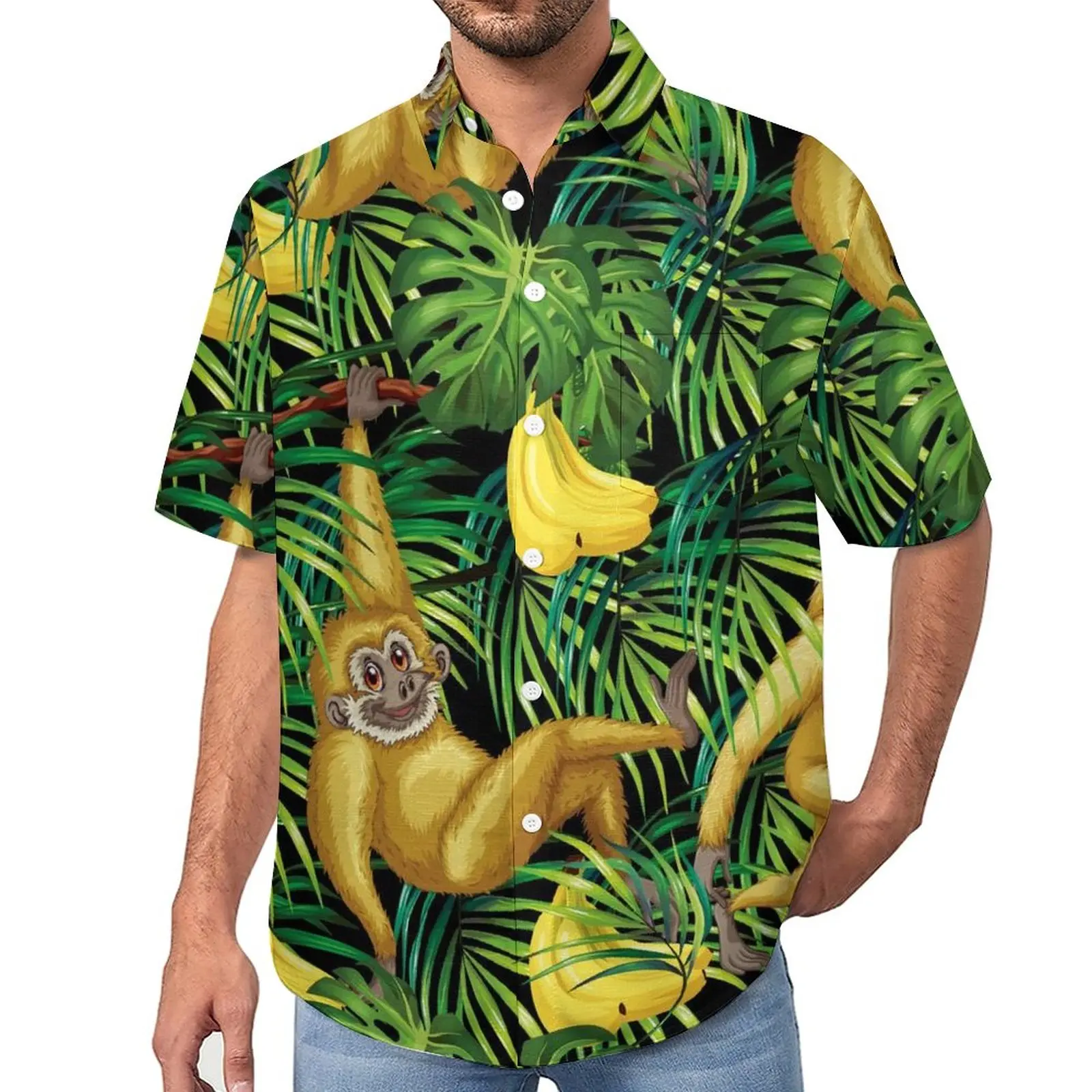 

Monkey Print Blouses Men Tropical Banana Jungle Casual Shirts Hawaii Short Sleeves Custom Harajuku Oversized Beach Shirt Gift