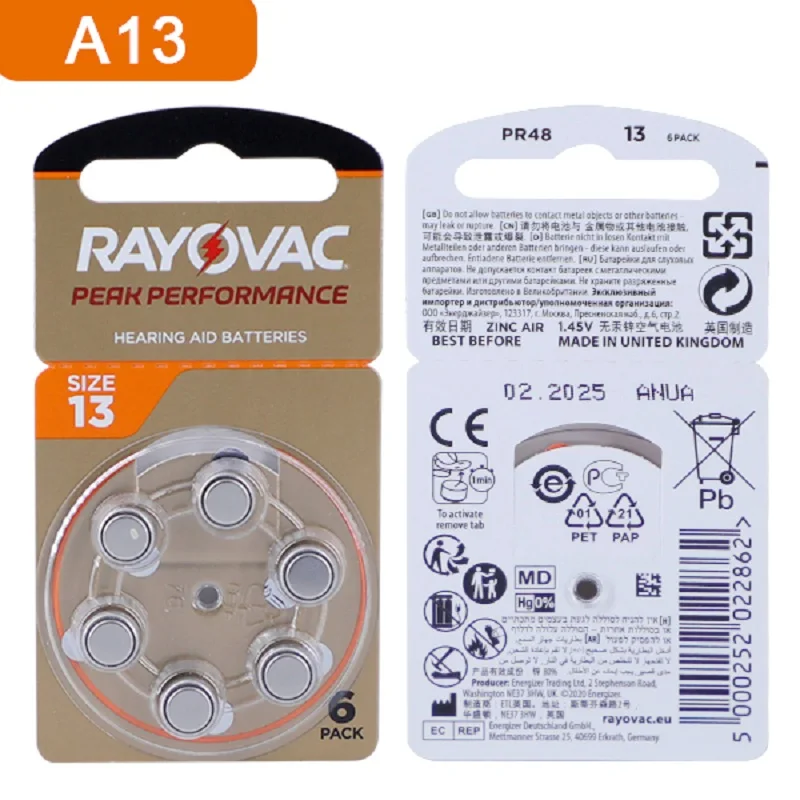 60 шт. батарейки для слухового аппарата Rayovac 1 45 в