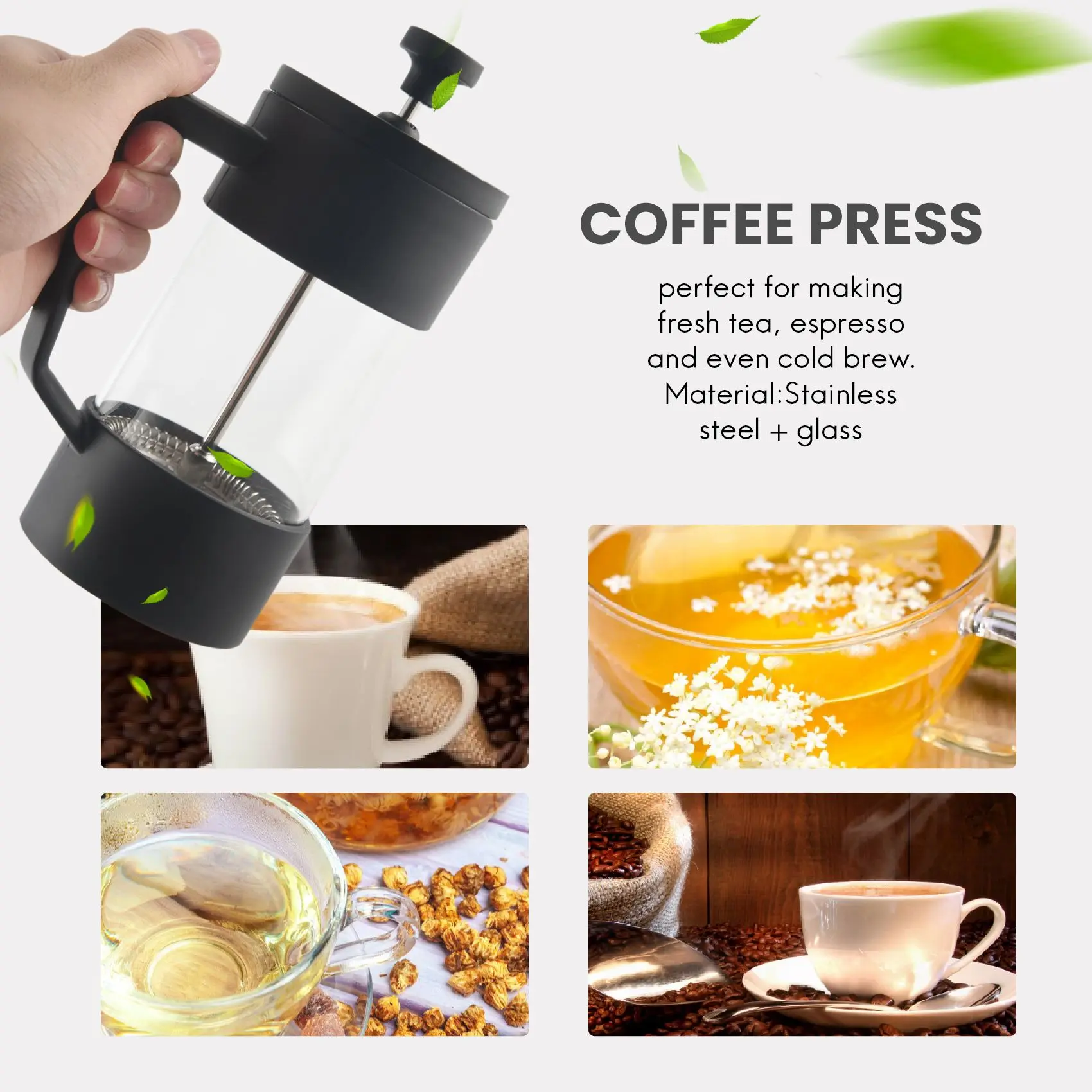 Coffee & Tea Maker, Thickened Borosilicate Glass Coffee Press Rust-free And Dishwasher Safe,black