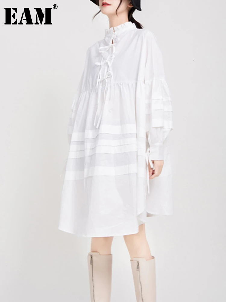 

[EAM] Women White Ruffles Split Joint Big Size Dress New Stand Collar Long Sleeve Loose Fit Fashion Spring Autumn 2023 1B891