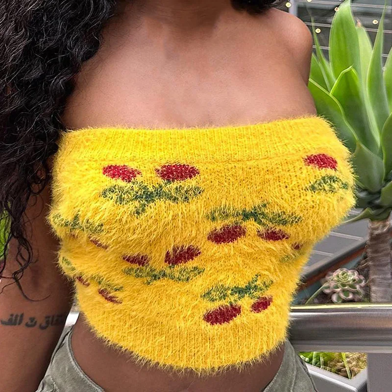 

Knitted Embroidery Slim Fit Trends Strapless Crop Tops Women Autumn Sexy Off Shoulder Sleeveless Backless All Match Inner Tanks