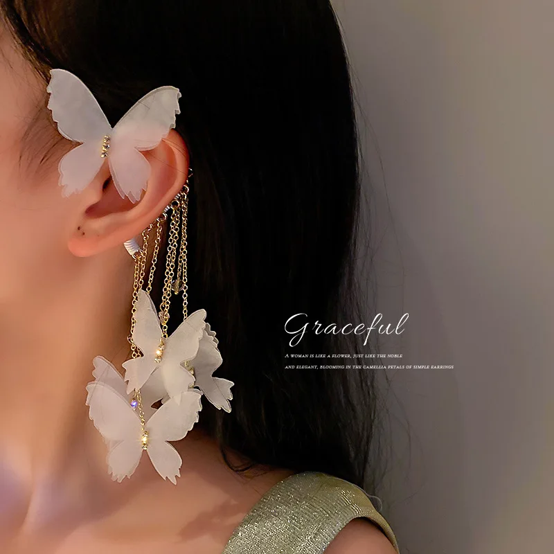 

New Arrival Lace Hyperbole Bowknot Women Dangle Earrings Butterfly Ear Drop Female Korean Clip Long Elegant 2022 Jewelrys Gifts