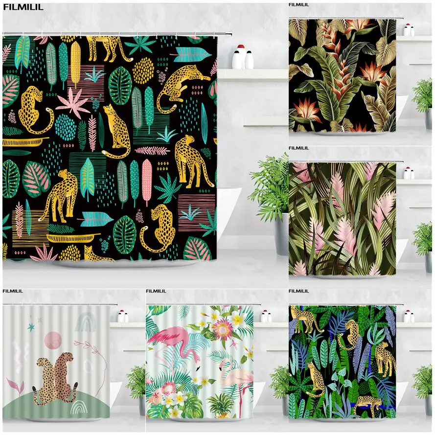 

Flamingo Leopard Shower Curtains Tropical Plant Palm Leaves Monstera Pattern Bath Curtain Modern Fabric Bathroom Decor Set Hooks