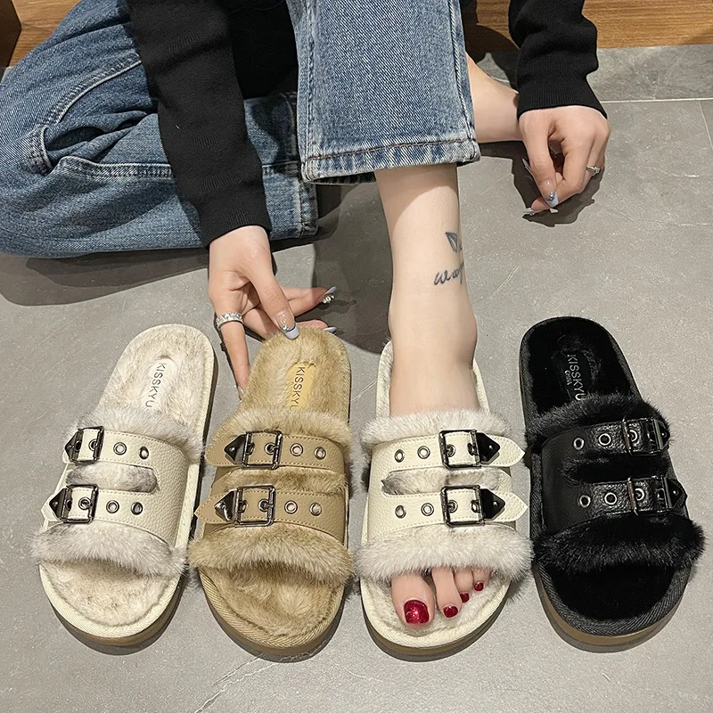 

Home Slippers Women's Shoes Luxury Slides Platform Pantofle Fur Flip Flops Low Massage Designer 2022 Soft Plush Rome Basic Hoof