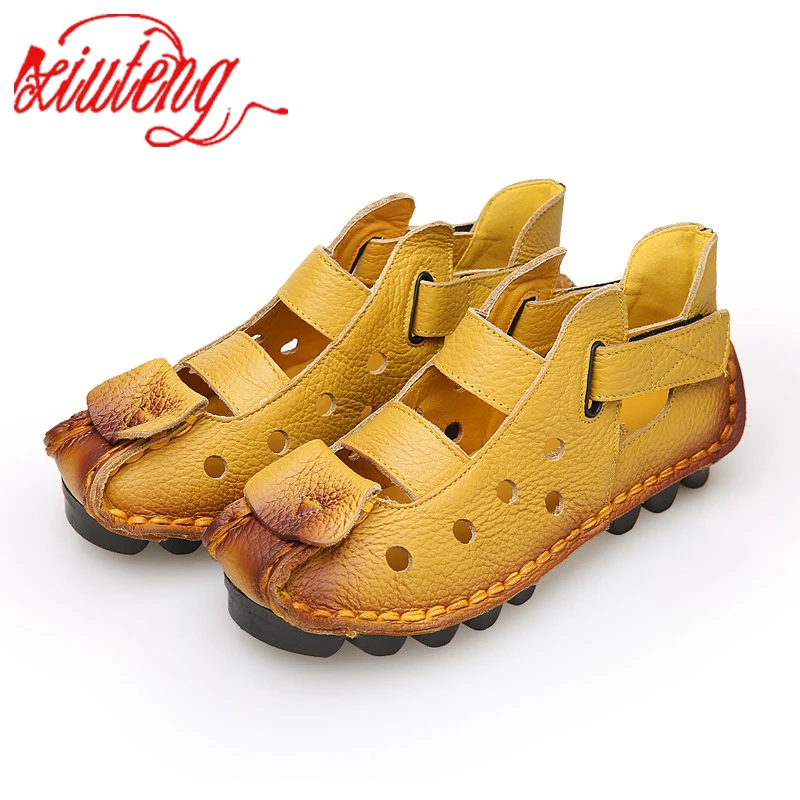 

Xiuteng Summer New Soft Bottom Flat Leather Shoes Personality Casual Women Sandals Tunnel Vintage Handmade Sandals For spring