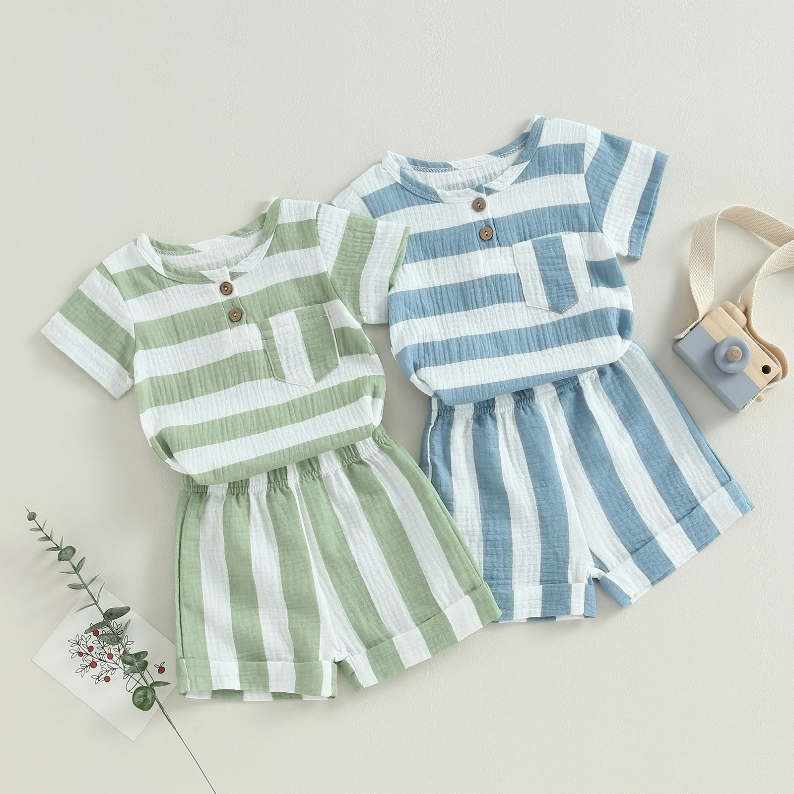 

0-3Y Toddler Baby Girls Boys 2 Piece Outfits Striped Short Sleeve Newborn T-Shirt and Elastic Shorts Set Infant Summer Clothes