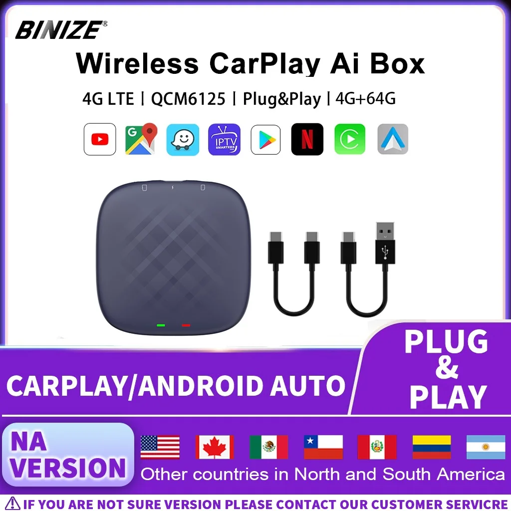 

Binize CarPlay Ai Box Android беспроводной Android Авто Netflix Youtube 4G + 64G Plug & Play 4G LTE для Toyota Audi Mazda