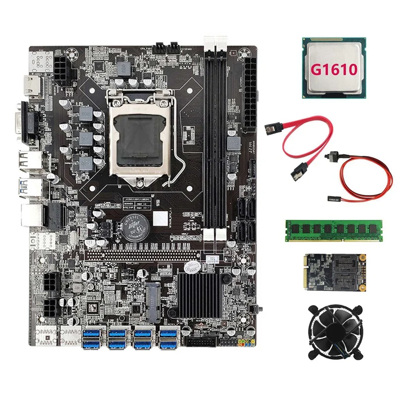 

Материнская плата B75 для майнинга, 8xpcie на USB3.0 + G1610 CPU + Fan + DDR3 4 Гб 1600 МГц RAM + 128G SSD + кабель SATA + кабель переключателя