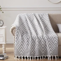 fish patterns knit woven throw blanket 100 cotton twill blanket lightweight cozy breathable bedspread with handmade tassels