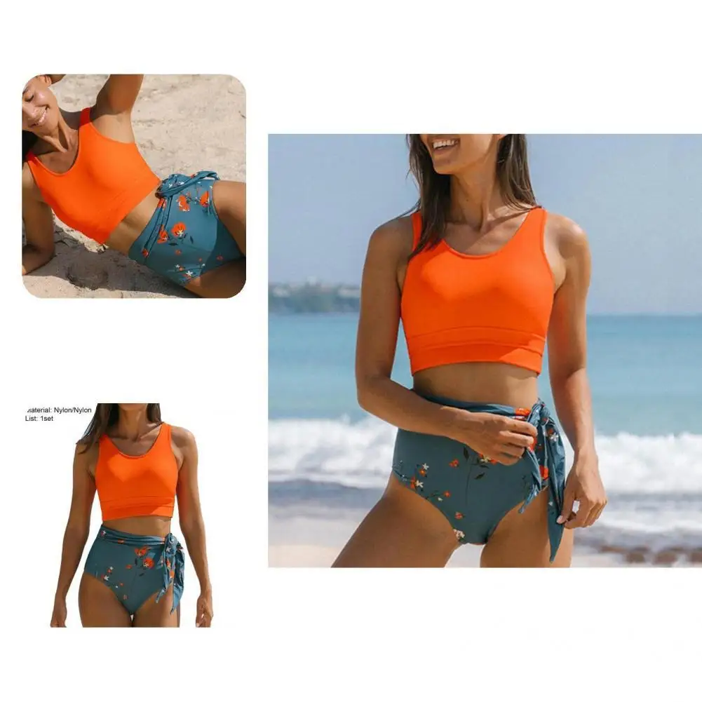 

Quick Drying Fashion Vest Style Bra Floral Print Briefs Bathing Suit Two Pieces Bra Briefs Set Wire Free for Party
