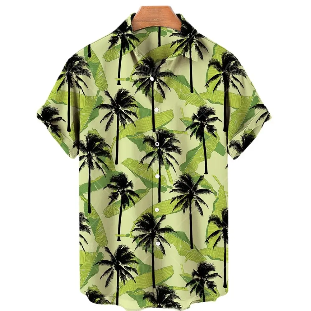2023 Men's and Women's Coconut Tree Print Short Sleeve Hawaiian Oversized Loose Casual Shirt Summer Beach Top