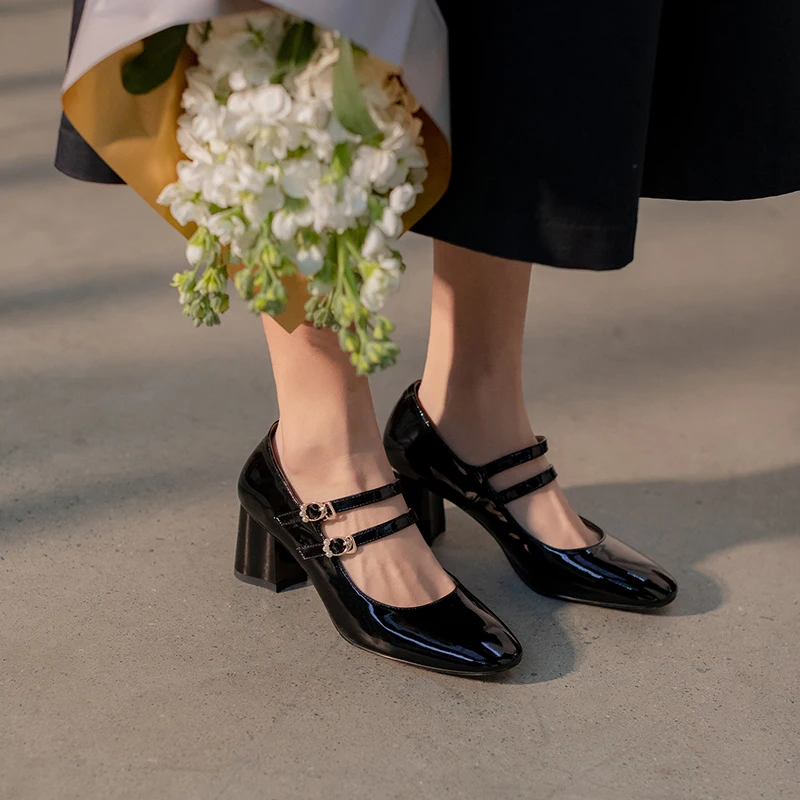 

Size 42 Cowhide PatentLeather Mary Jane Shoes Women Buckle Pumps Med Heel 6 CM Pump Shoes Retro French Style Ladies Shoes
