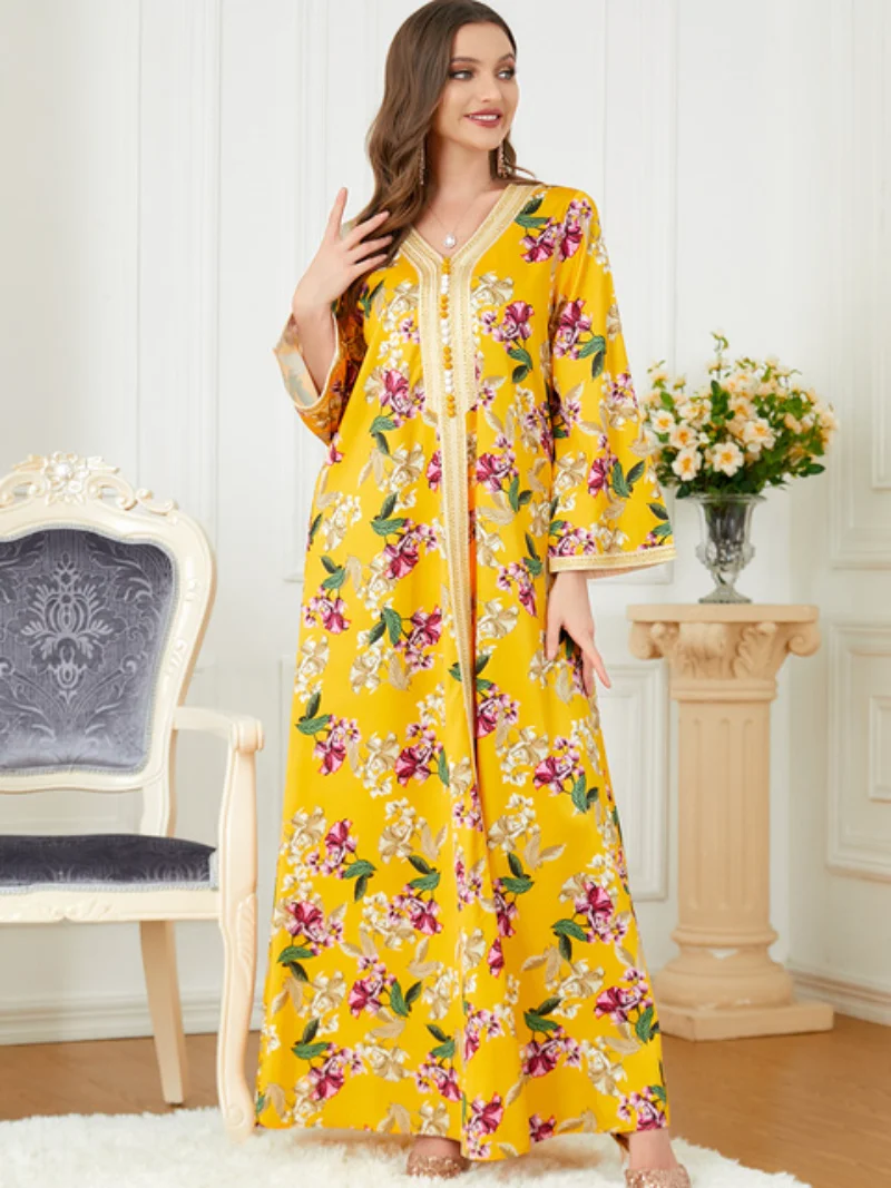 Muslim Woman Abaya Flower Print V-Neck Tape Trim Long Sleeve A-Line Dress Elegant Ladies Dresses Caftan Marocain Ramadan