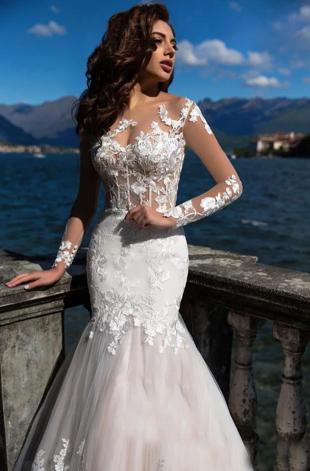 

Fashion New Wedding Dress Long Sleeve Round Neck Sexy Slim Waist Fish Tail Small Tail Bride's Wedding Dresses Sexy Party Fashion