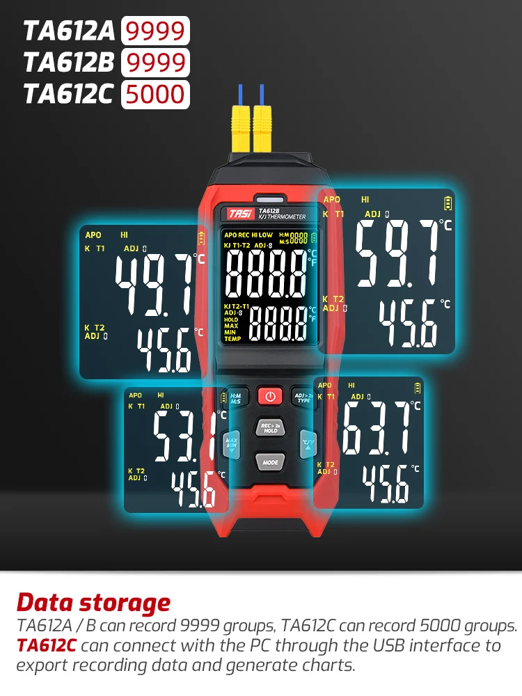Фото Термометр K/J C/F, измерительный прибор TASI TA612A TA612B TA612C, контактный цифровой термопарный измеритель температуры №2