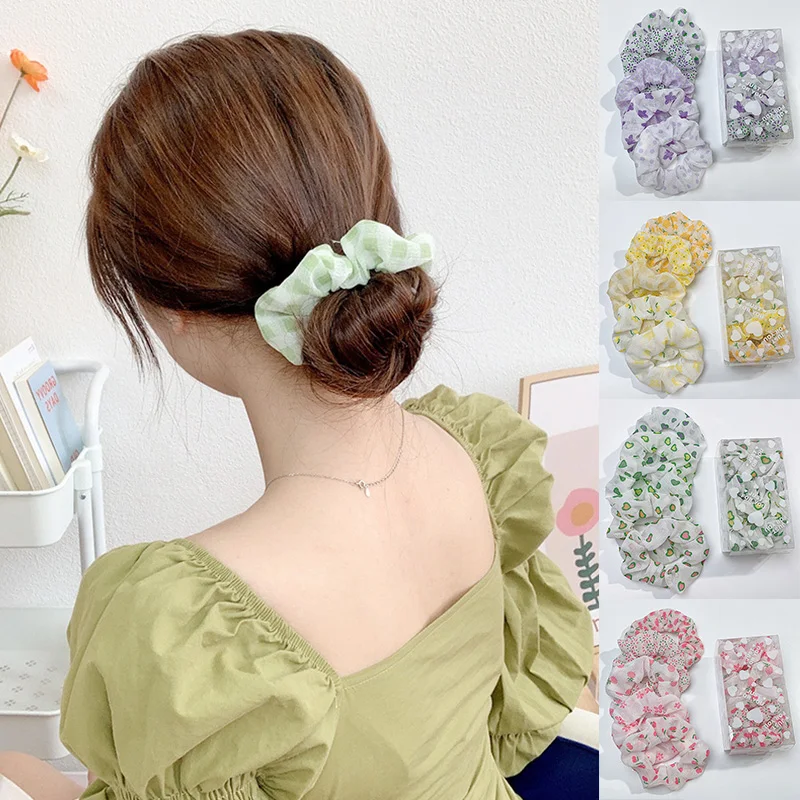 

5 Pcs/Set Striped Floral Print Hair Rope Hair Scrunchies Elastic Rubber Bands Ponytail Holder Hair Ties Girls Hair Accessories