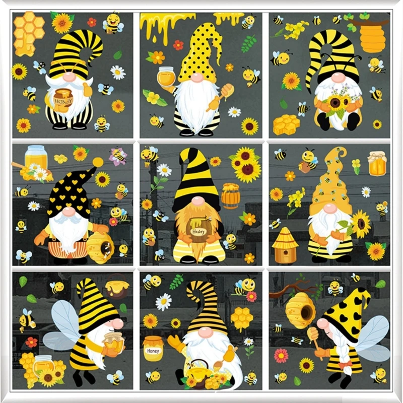 

9 Sheet Spring Gnome Window Clings Flower Bee Cling Stickers Summer Static