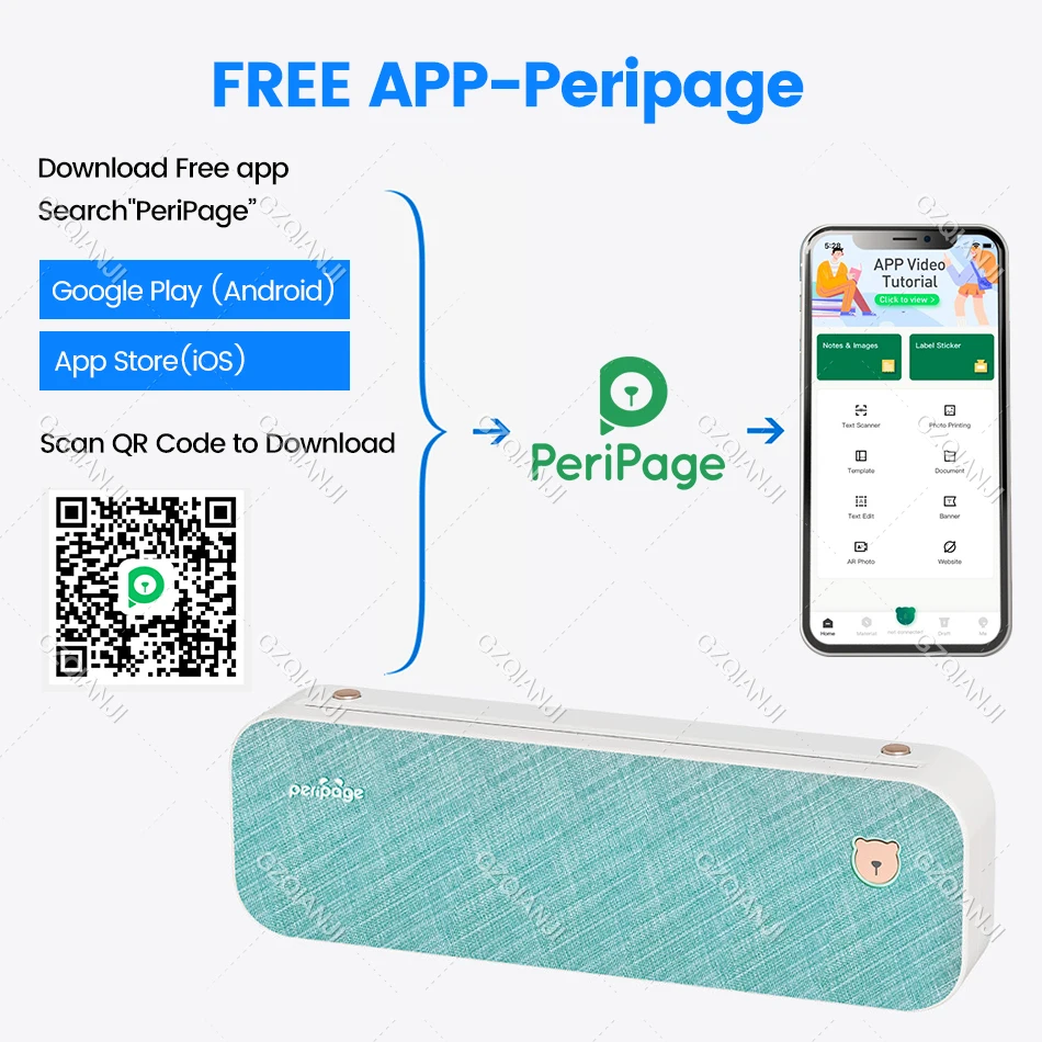 Переносная термопринтер мобильных фотографий и документов Peripage A4 с беспроводным подключением Bluetooth и бумагой формата A40.