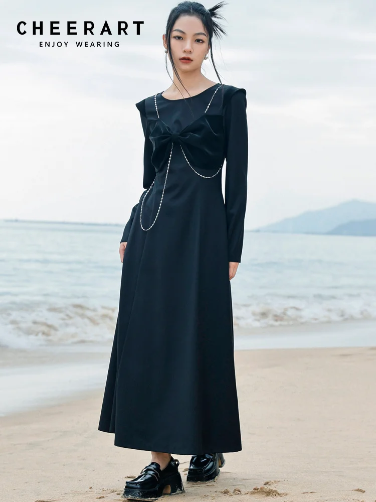 CHEERART Vintage Flying Sleeve Bow Long Maxi Dress Women Chain Long Sleeve Black A Line Dress Korean Fashon Clothing