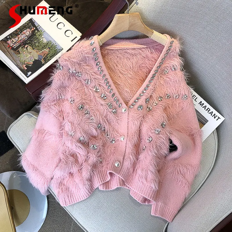 

French Style New Fashion Sweet V-neck Beaded Mink Fur Knitted Cardigan Coat New Women's 2022 Fall Winter Fairy Soft Sweater