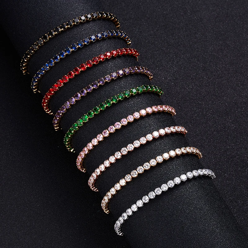 

2022 Rose Gold Silver Color on Hand 4MM CZ Tennis Chain Bracelet Bangle for Women Fashion Rhinestone Party Wedding Jewelry Gift
