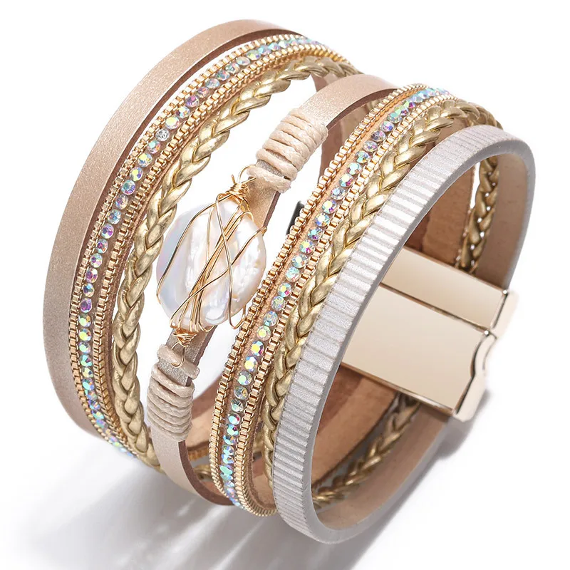 Colorful Gems Charm Pearl Leather Bracelets for Women Fashion Ladies Bohemian Multilayer Wide Wrap Bracelet Female Jewelry