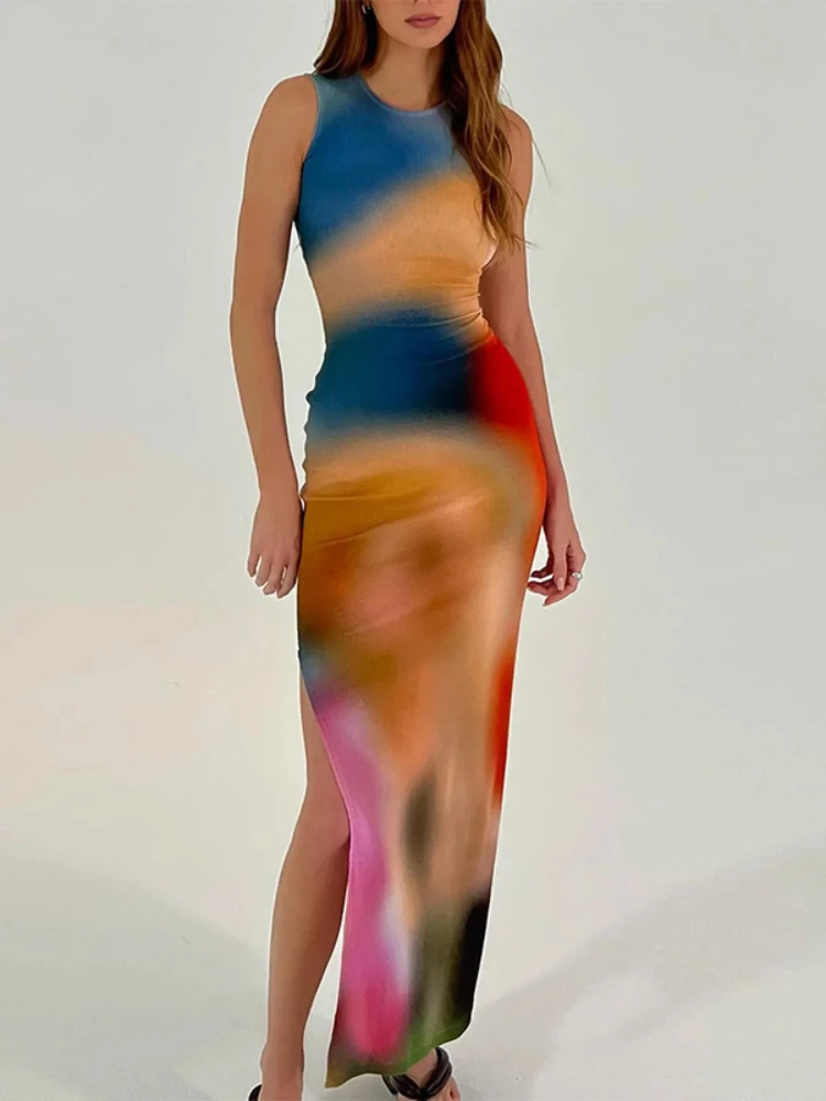 

HOUZHOU Tie-dye Print Slit Long Dress 2022 Fashion Women Y2K Sexy O-Neck Slim Sleeveless Vest Bodycon Dress Summer Streetwear