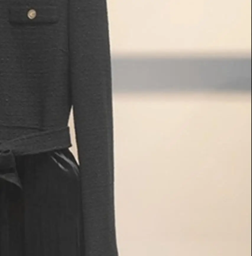 

Women Dress Elegant Tweed With Belt O Neck Single Breasted Pleated Long Dress