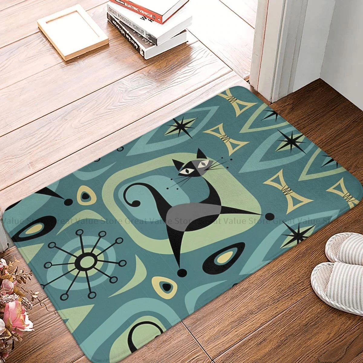 

Mid Century Meow Black Cat Animal Bathroom Non-Slip Carpet Funny Living Room Mat Welcome Doormat Floor Decor Rug