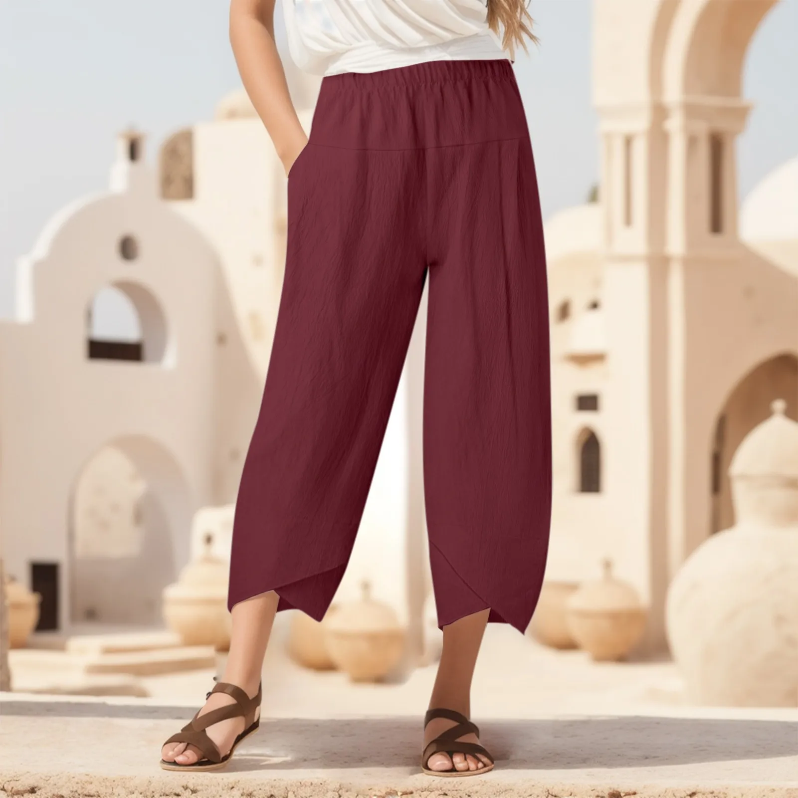 2023 Women Cotton Linen Harem Pants Summer Casual Loose High Waist Pocket Trousers Female Vintage Solid Wide Leg Trousers