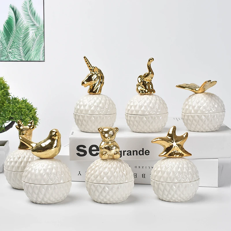 

Ceramic Storage Boxes Small Animal Plating Ceramic Whith Lid Jewerly Box Necklace Ring Earrings Dustproof Desktop Organization