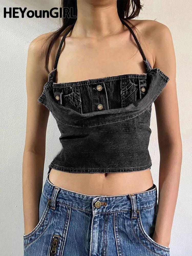 

HEYounGIRL Backless Grunge Denim Vest Tops Y2K Women Retro Gray Halter Tank Camis Sleeveless Chic Harajuku Crop Tee Streetwear