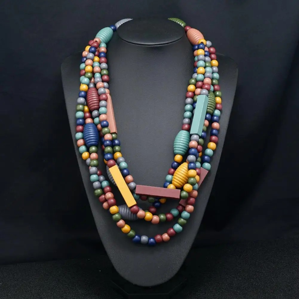 

Party Necklace Exaggerated Vintage Multilayer Handmade Colorful Beads Dress Up Fashion Item Ethnic Tassel Wood Bib Jewelry Women