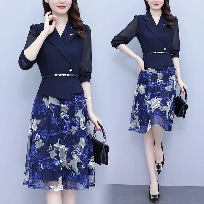 

Женская одежда большого размера, Новинка осени 2022, накладное платье из двух частей с длинным рукавом и воротником-костюмом, строченное Цветочное платье для офиса для женщин h2377