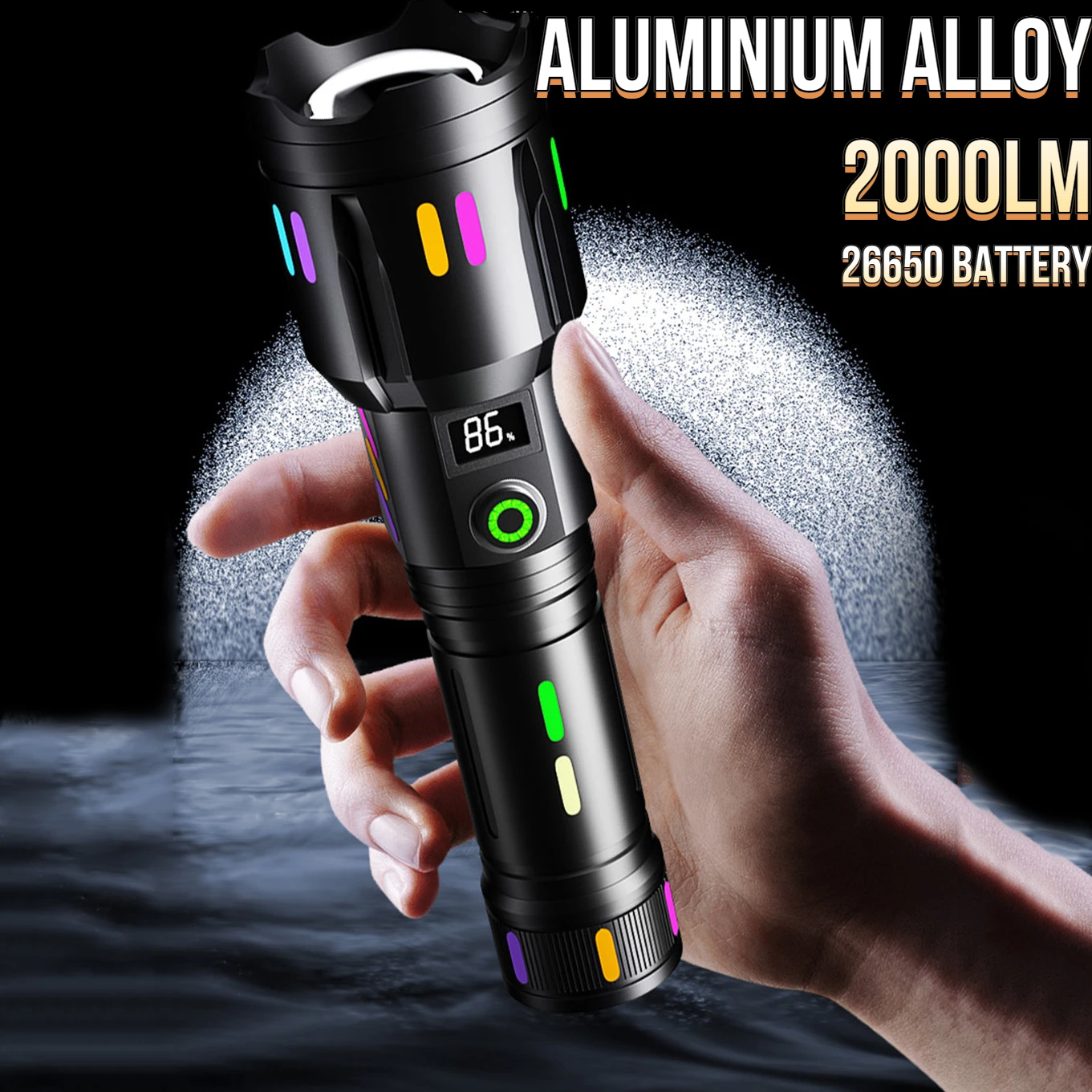 

2000LM High Power Spotlight Long Range LED 26650 Flashlight With Luminous StripsTail Glass breaker Zoom Torch Camping Emergency