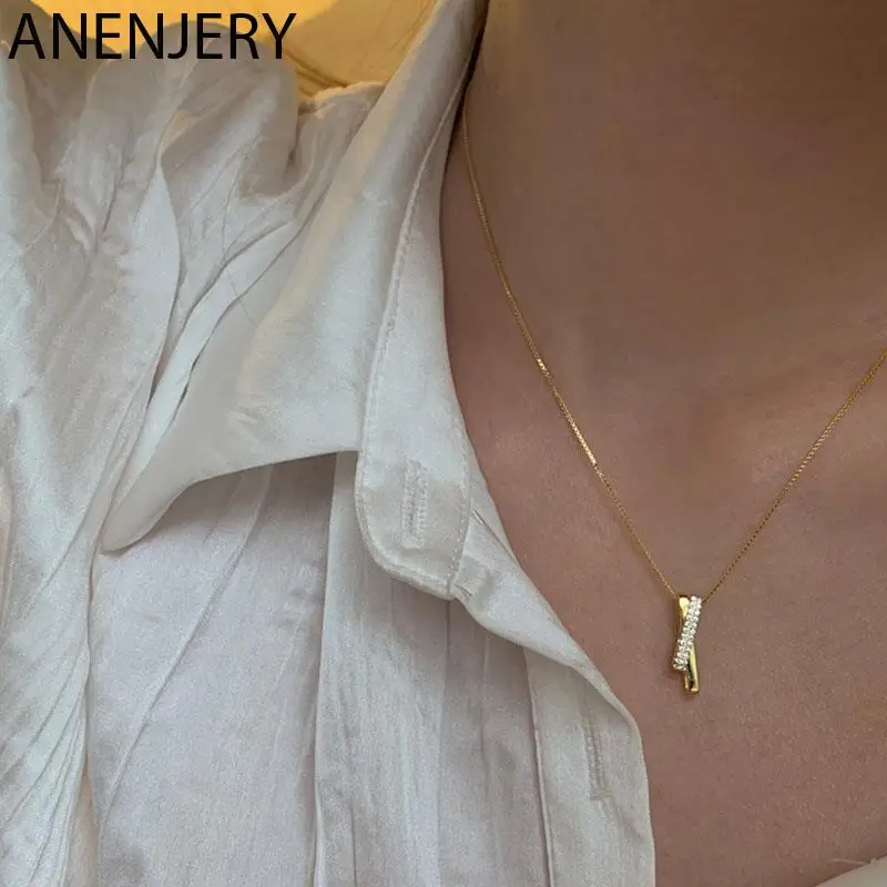 

Женское прямое ожерелье с крестом ANENJERY, серебристого цвета, нишевая цепочка до ключицы с цирконием, праздничные аксессуары