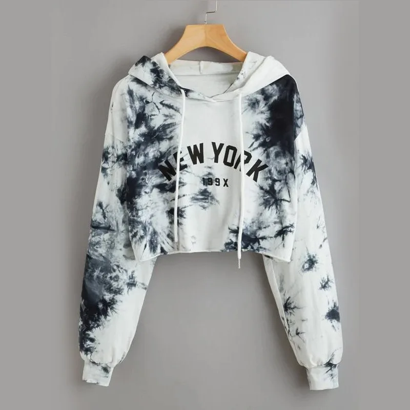 

Sexy Party Hoodie Long Sleeve 3D Tie-Dye Letter Number Print Women Hooded Top High Street Spicy Girl Show Navel Fashion Clothes