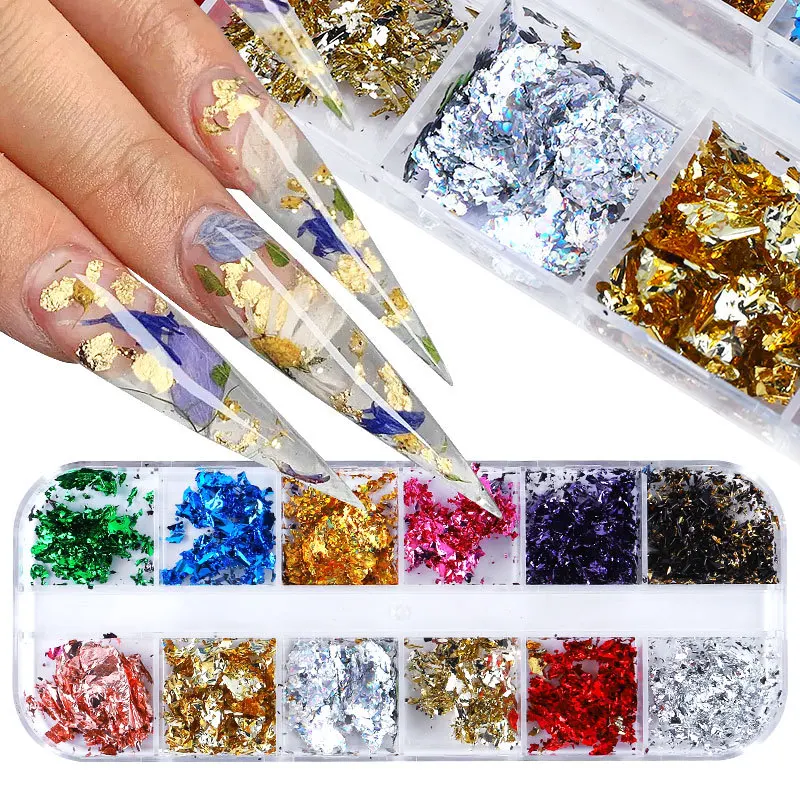 

12 Color Gold Foils Gorgeous Nails Glitter Random Aluminum Flakes Paillette Chip Nail Design Shinny Sparkles Nail Art Decoration