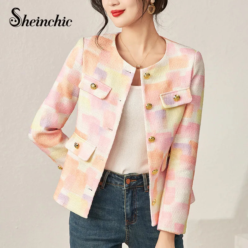 

Роскошная дизайнерская одежда 2023, женская элегантная однобортная твидовая короткая куртка с круглым вырезом, Женская Корейская модель