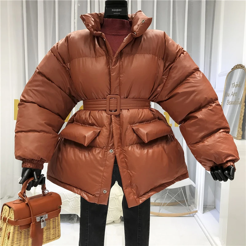 Ladies Parker Coat Shiny Surface Warmth Thick Thick Cotton Casual Loose Women's Jacket Ladies Belted Jacket 2022 New Winter Coat