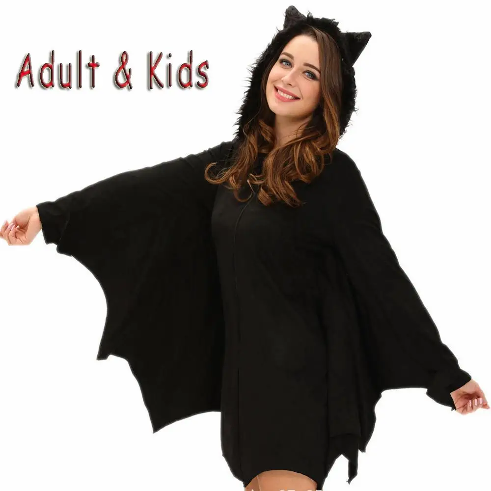 

Женский костюм летучая мышь на Хэллоуин для девочек, пушистый Аниме Костюм с капюшоном с ушками и крыльями для мамы и дочки, костюм вампира, модное платье