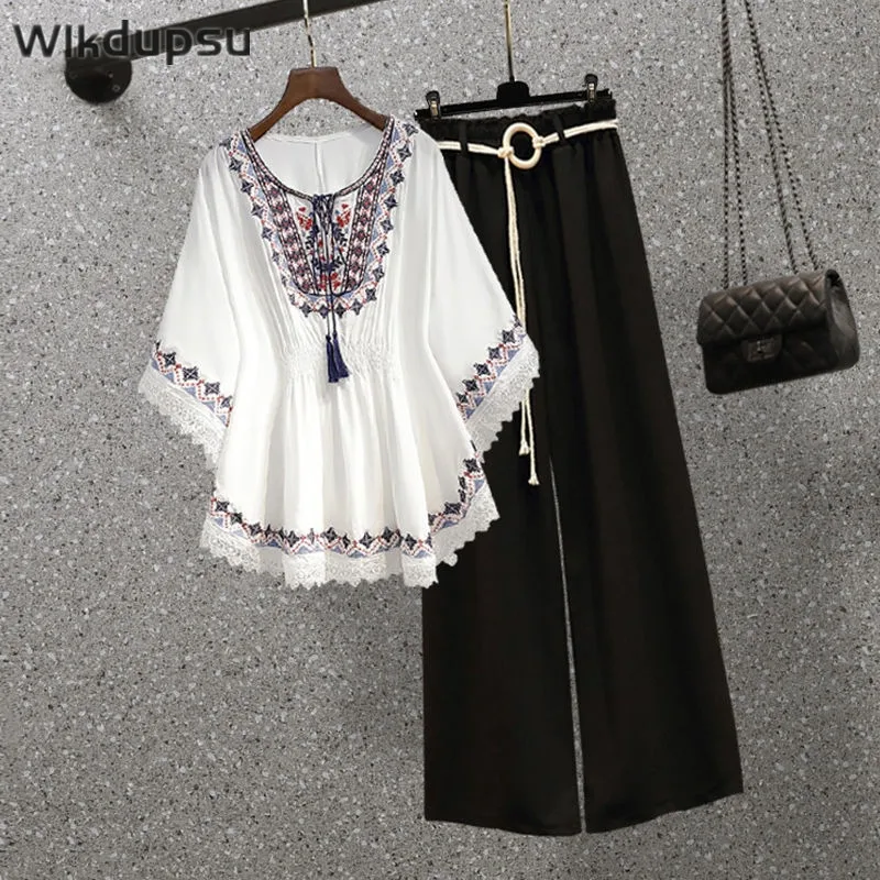 

Boho Blouse Embroidery Top Wide Leg Pants Suit Women 2 Piece Set Matching Set Outfit Casual Summer Vacation Bohemian Clothing