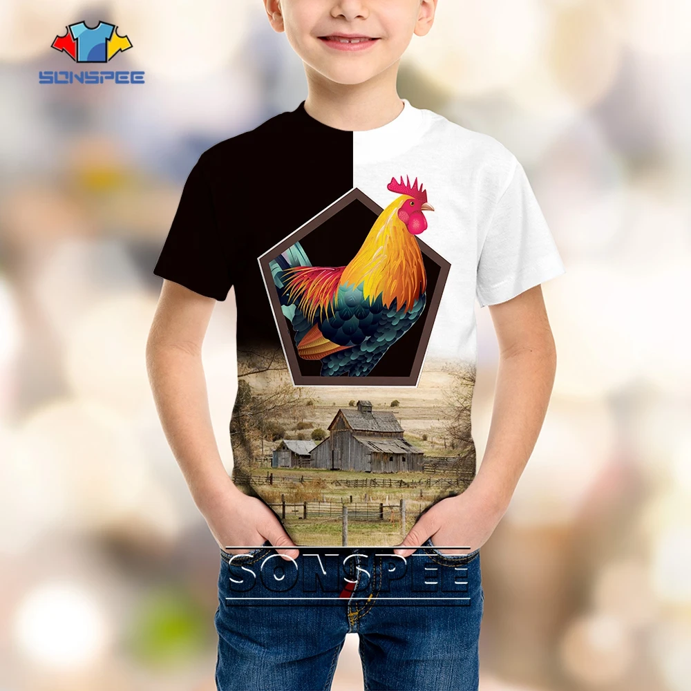 

SONSPEE Summer Farm Cock Animal Harajuku Streetwear Rooster Child T-Shirt 3D Print Round Neck Harajuku Short Sleeve Boy Tees