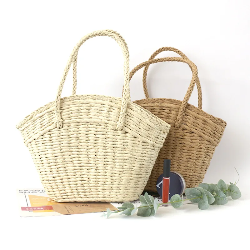 

Women's Hand Woven Paper Straw Bag Fashion Wave Point Drawstring Handbag Summer Seaside Holiday Vacation Tote Bag Bolsa Feminina