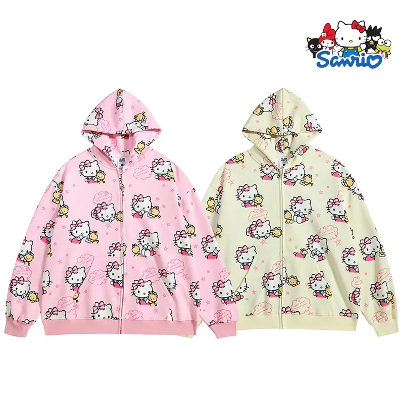 

Kawaii Hello Kitty Hoodie Women Casual Retro Sanrios Loose Sweet Cute Girls Autumn and Winter Sweatshirt Cardigan Jacket Y2k