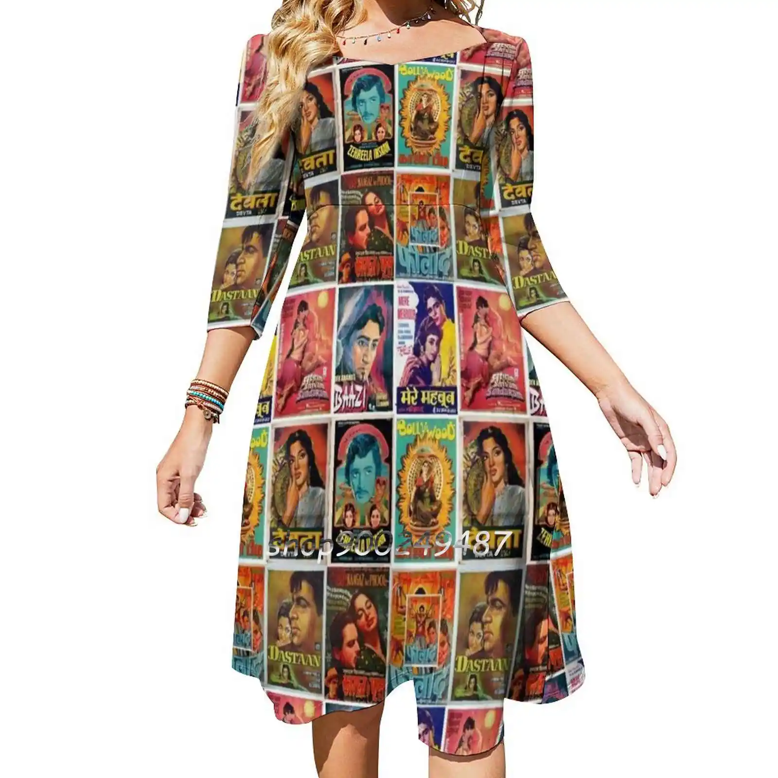 Винтажное платье с болливудским узором расклешенное сердечком модный дизайн