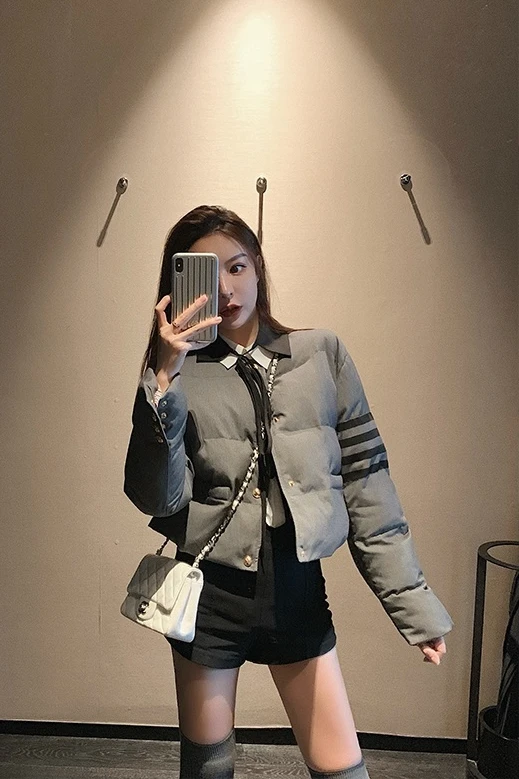 TB Short Cotton Jacket Women's Winter 2022 Korean Version Slim Round Neck Bread Jacket Thickened Small Cotton Jacket Coat