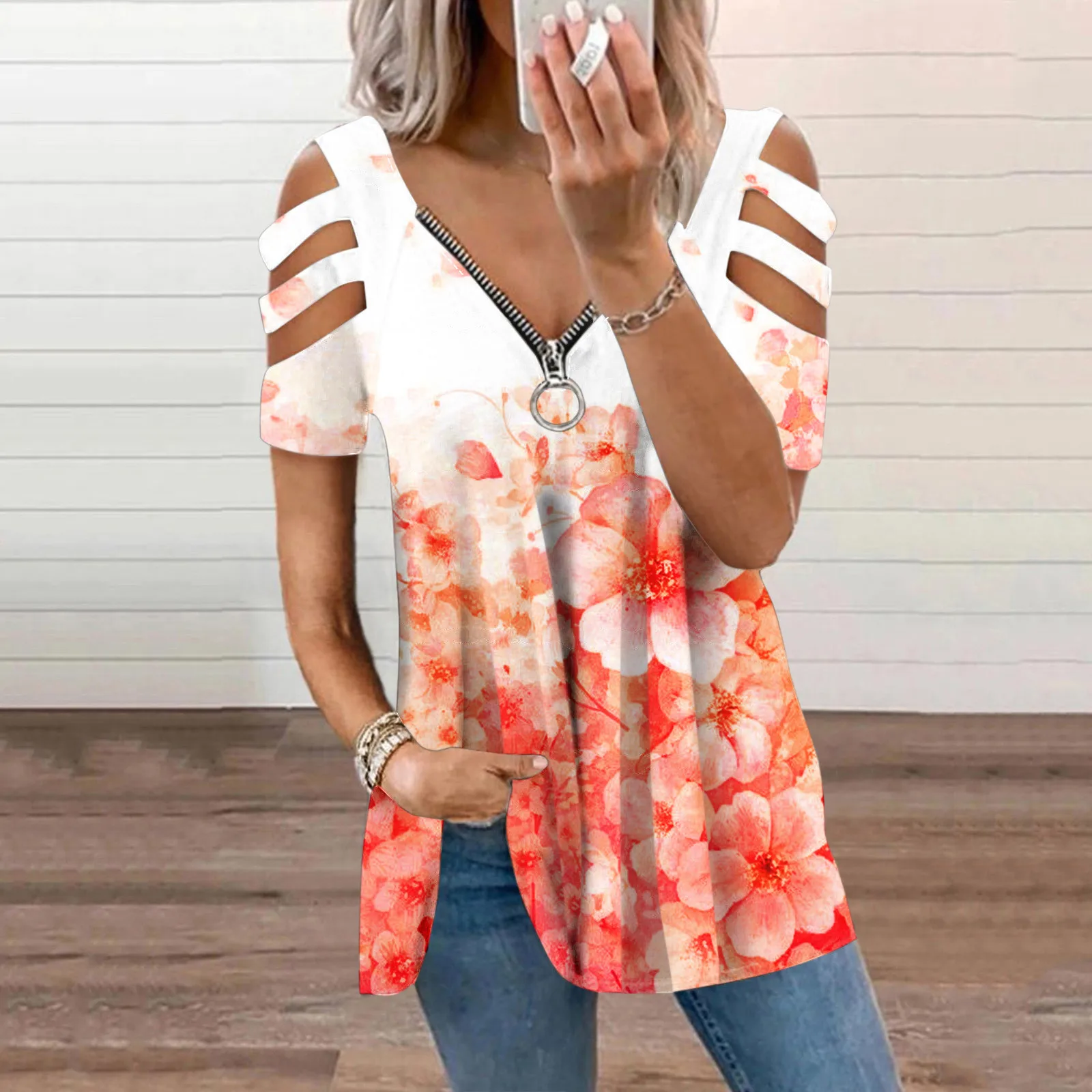 

Женская винтажная рубашка с коротким рукавом, V-образным вырезом