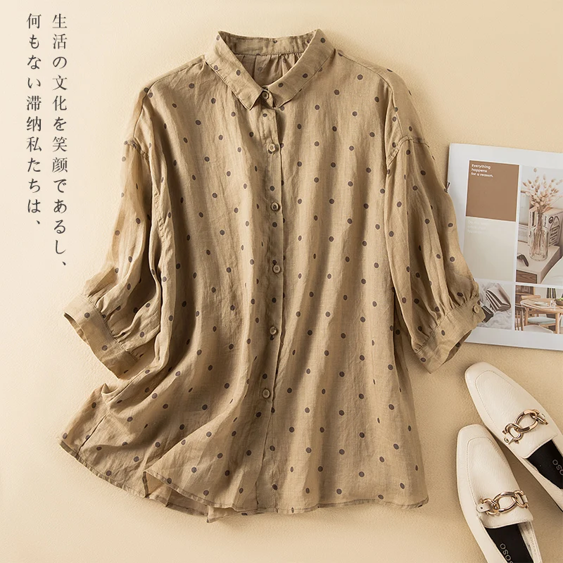 

Limiguyue блузка в горошек с рукавом до локтя из рами Женские винтажные свободные топы из хлопка и льна весенние летние рубашки Повседневная мягкая одежда U429